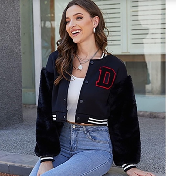 Faux Fur Sleeve Letterman Varsity Baseball Bomber Jacket Cropped Small Black - Picture 9 of 15
